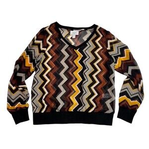 Missoni Women's Long Sleeve V-Neck Sheer Multicolor Chevron Top Size Med